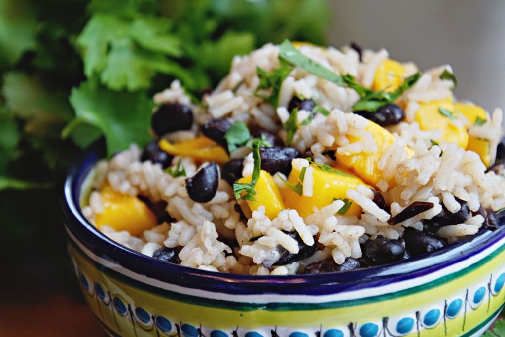 Mango Rice & Black Beans in Yellow and blue bowl with cilantro