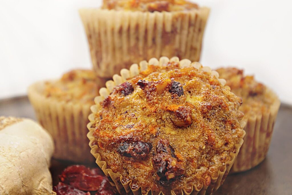 Carrot Ginger Apple Muffins with cranberries.
