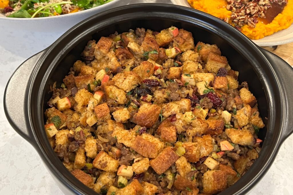 gluten free bread stuffing with sausage apple pecan and cranberry