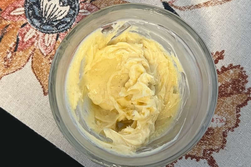 whipped honey butter in glass bowl.
