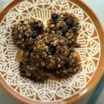 Oatmeal and Blueberry Breakfast Cookies on decorative plate.