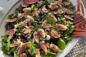 Mixed greens with fresh figs hazelnuts and goat cheese.